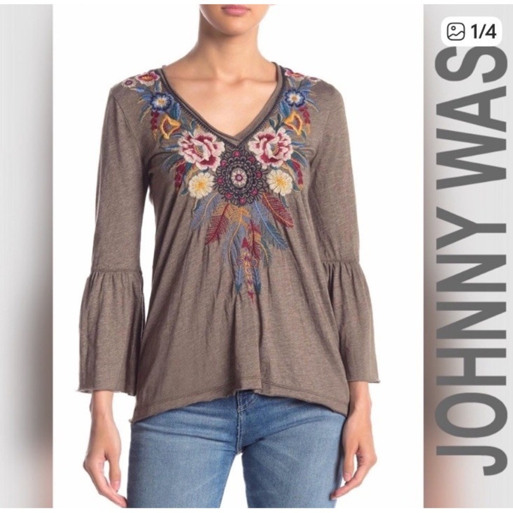 Johnny Was Womens Brown Darielle Embroidered Top Medium Flute Sleeve Boho Unique